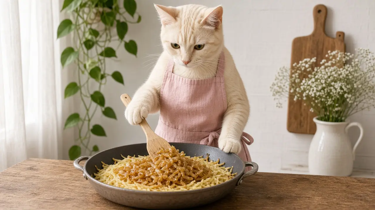 A cream-coloured cat in a pink apron, cooking this dish