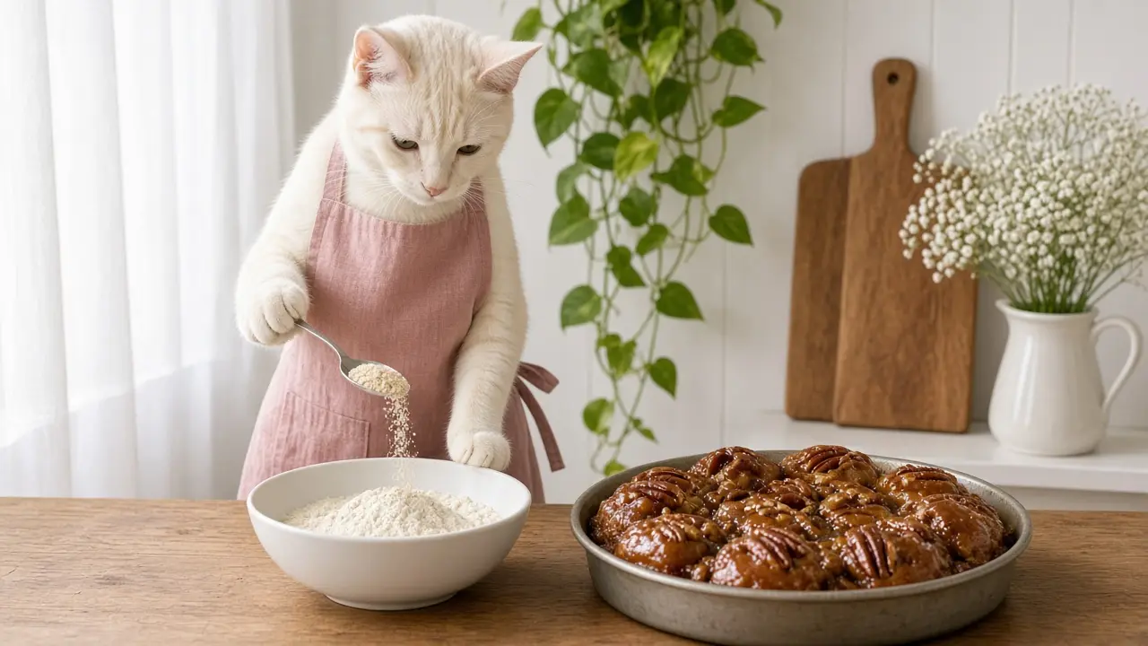 A cream-coloured cat in a pink apron, cooking this dish