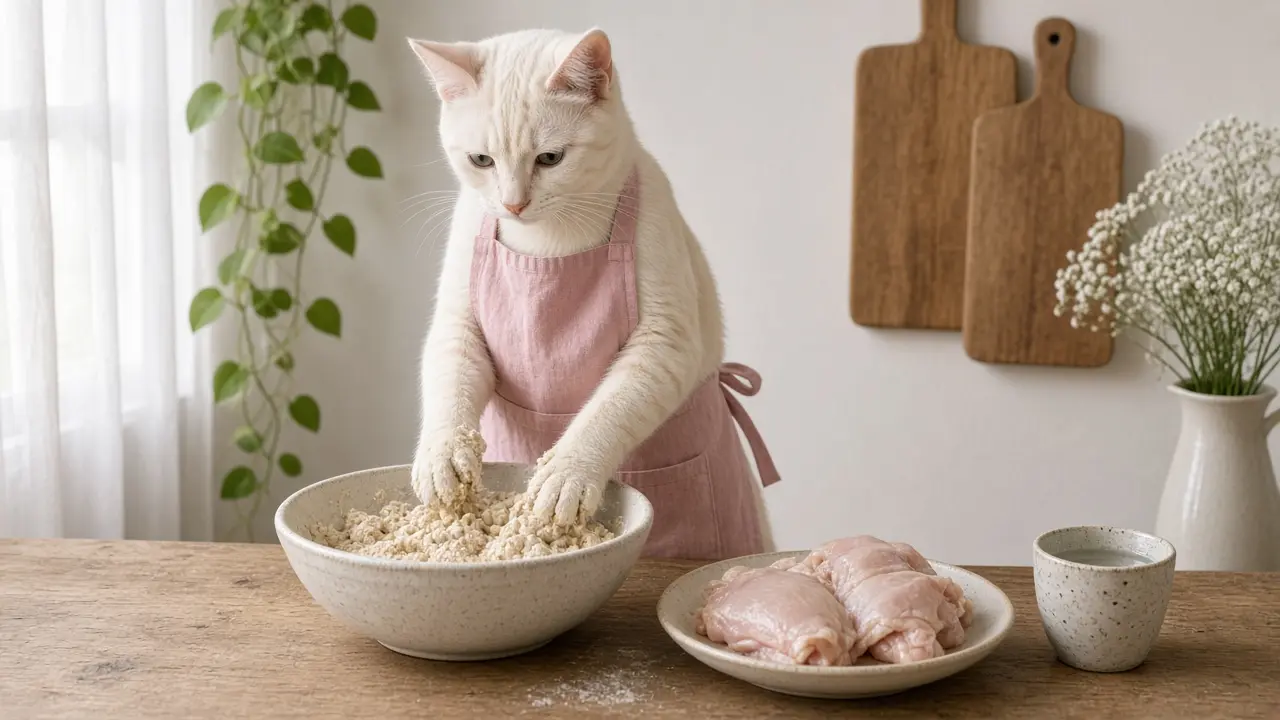 A cream-coloured cat in a pink apron, cooking this dish