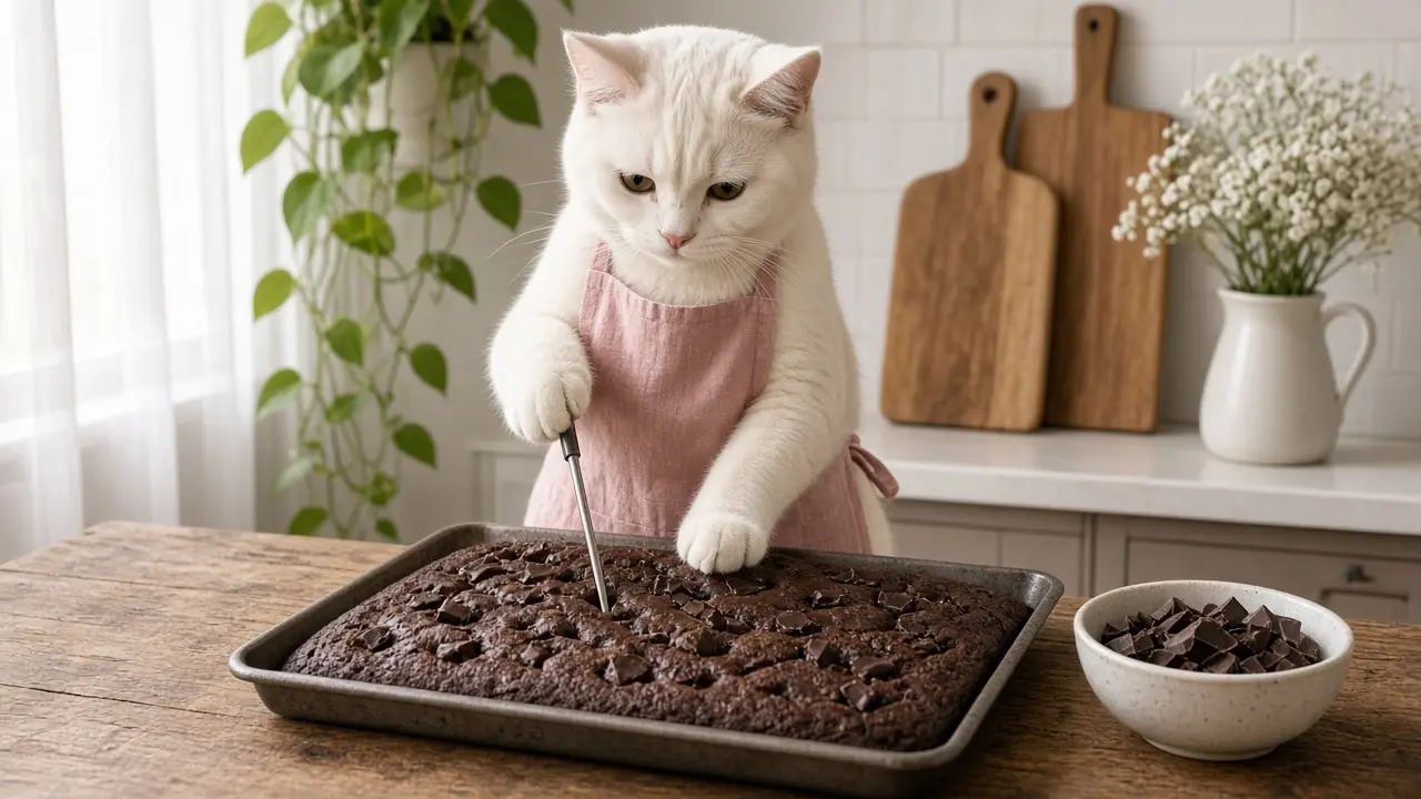 A cream-coloured cat in a pink apron, cooking this dish