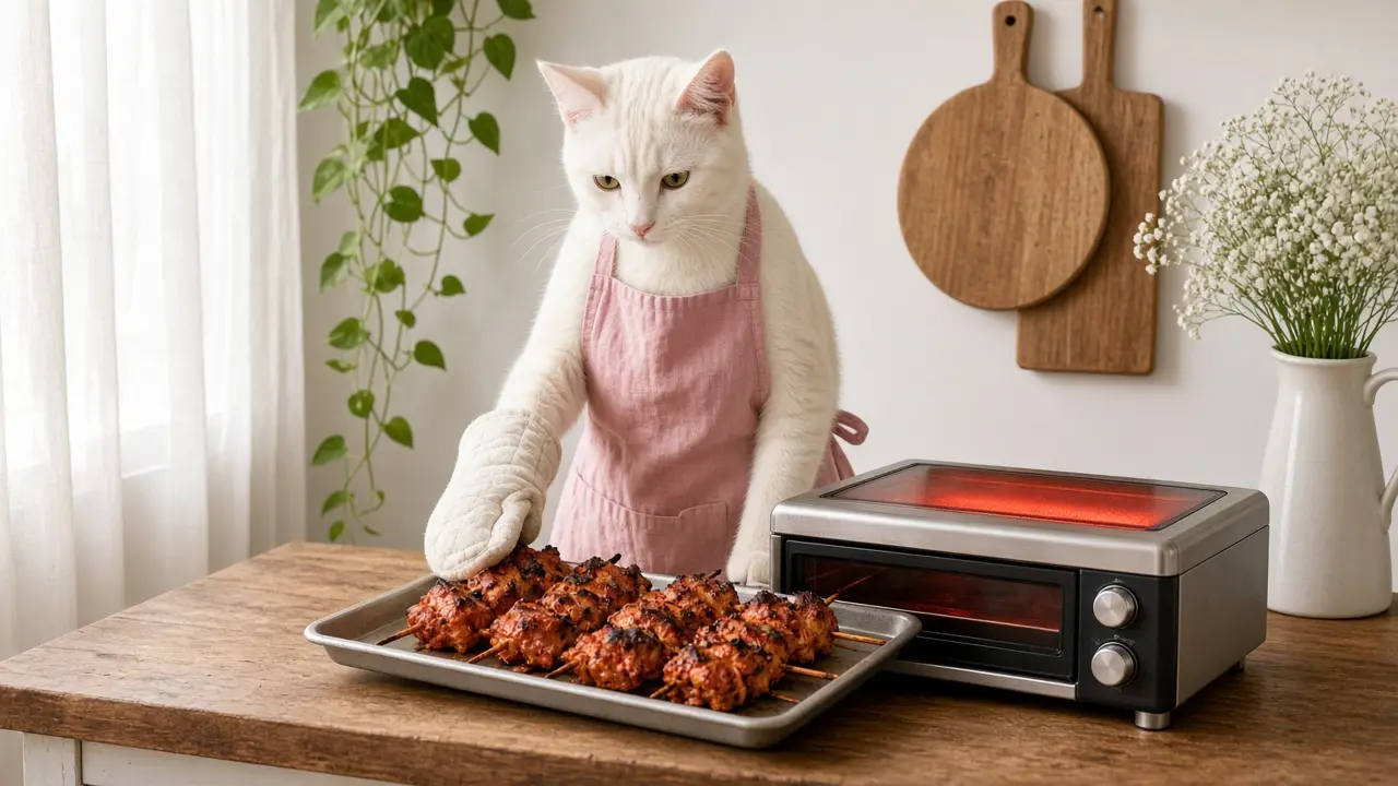 A cream-coloured cat in a pink apron, cooking this dish