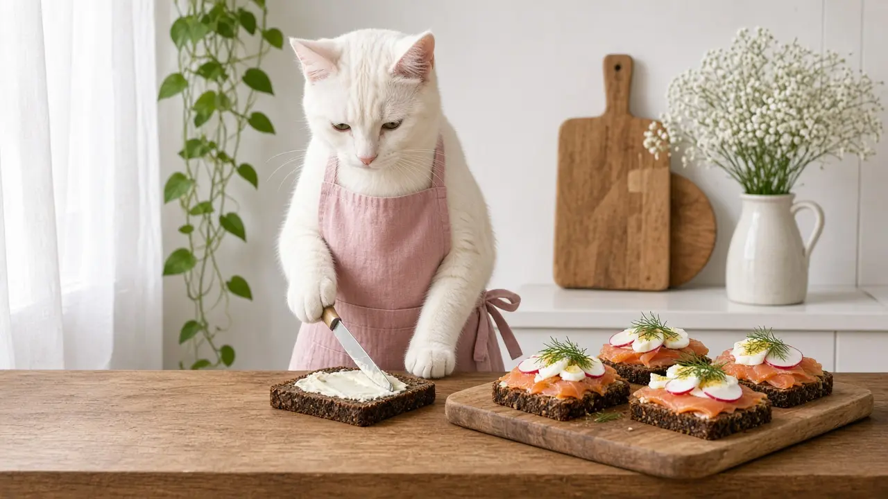 A cream-coloured cat in a pink apron, cooking this dish