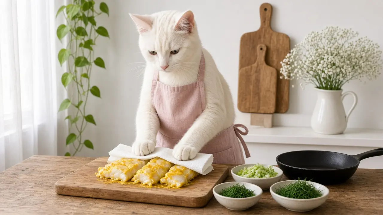 A cream-coloured cat in a pink apron, cooking this dish
