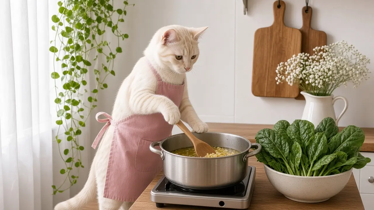 A cream-coloured cat in a pink apron, cooking this dish
