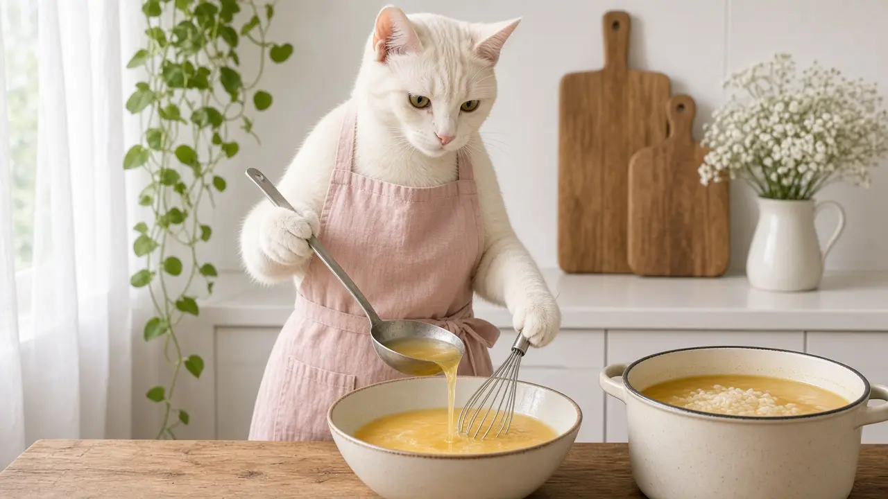 A cream-coloured cat in a pink apron, cooking this dish
