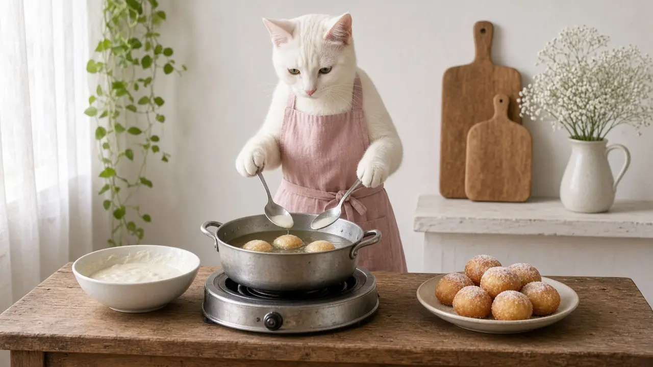 A cream-coloured cat in a pink apron, cooking this dish
