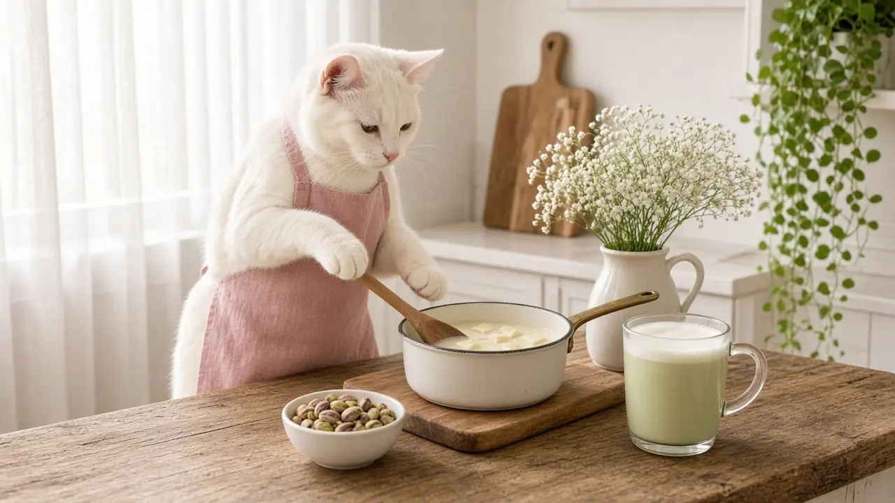 A cream-coloured cat in a pink apron, cooking this dish