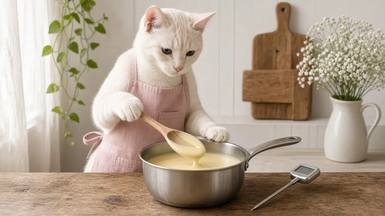 A cream-coloured cat in a pink apron, cooking this dish