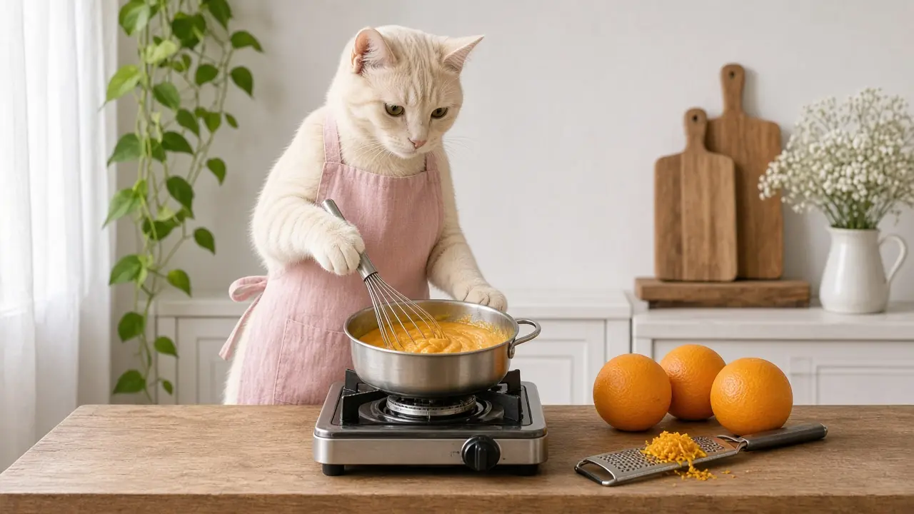 A cream-coloured cat in a pink apron, cooking this dish