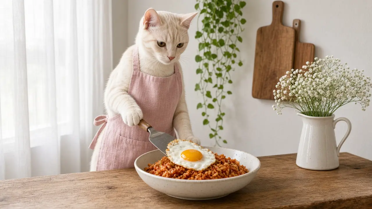 A cream-coloured cat in a pink apron, cooking this dish