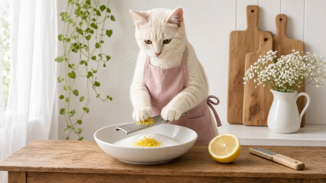 A cream-coloured cat in a pink apron, cooking this dish