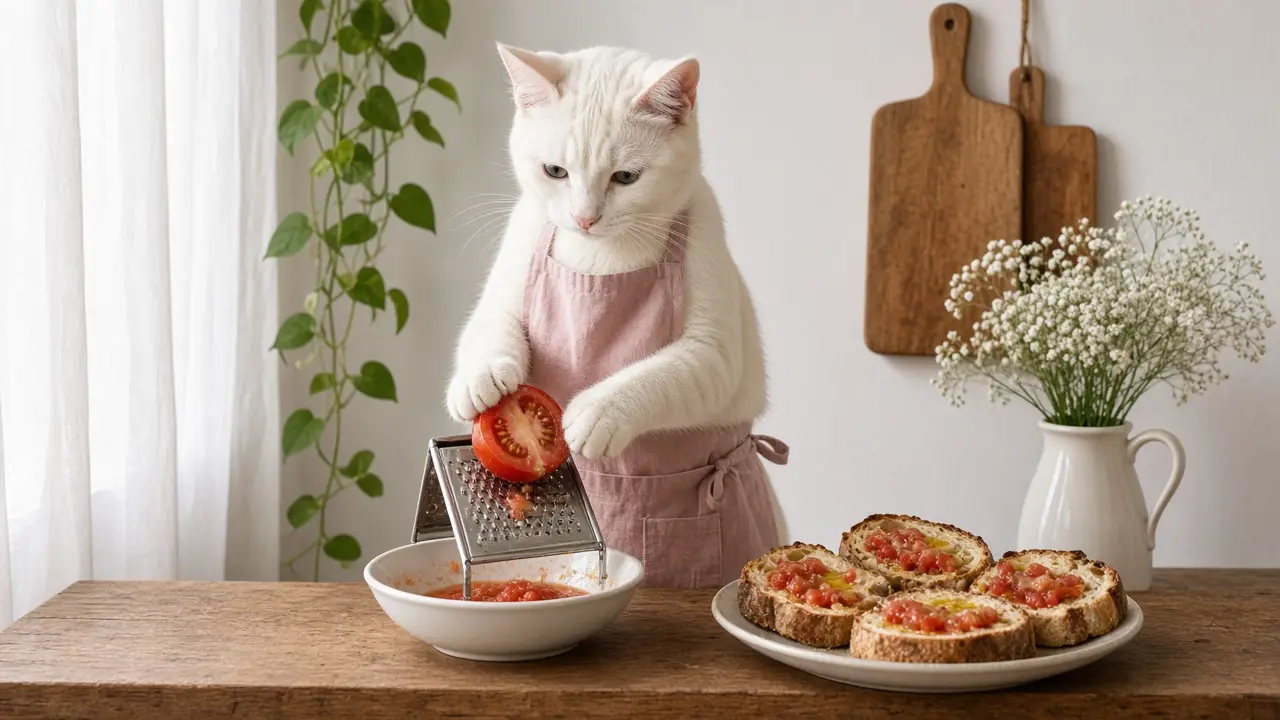 A cream-coloured cat in a pink apron, cooking this dish