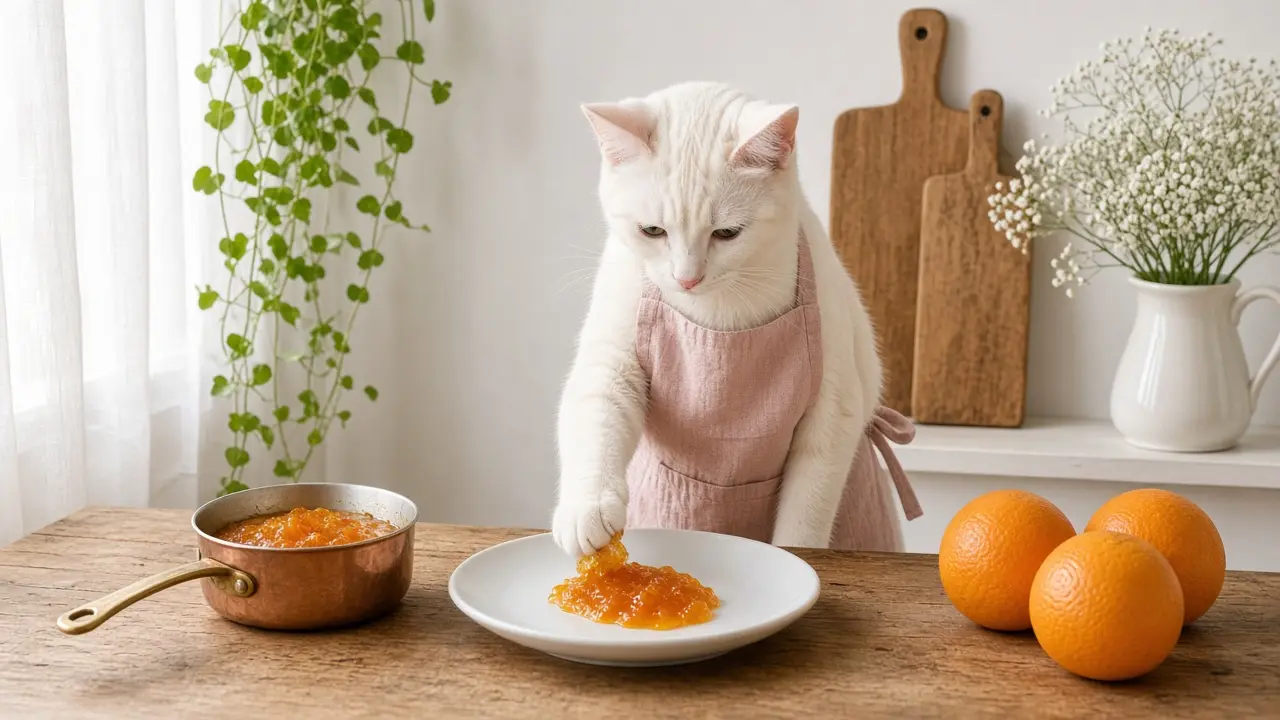 A cream-coloured cat in a pink apron, cooking this dish