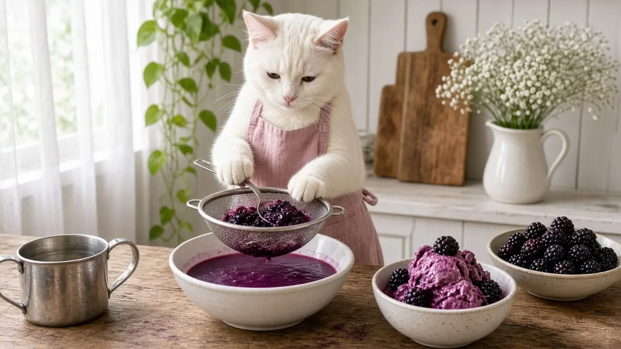 A cream-coloured cat in a pink apron, cooking this dish