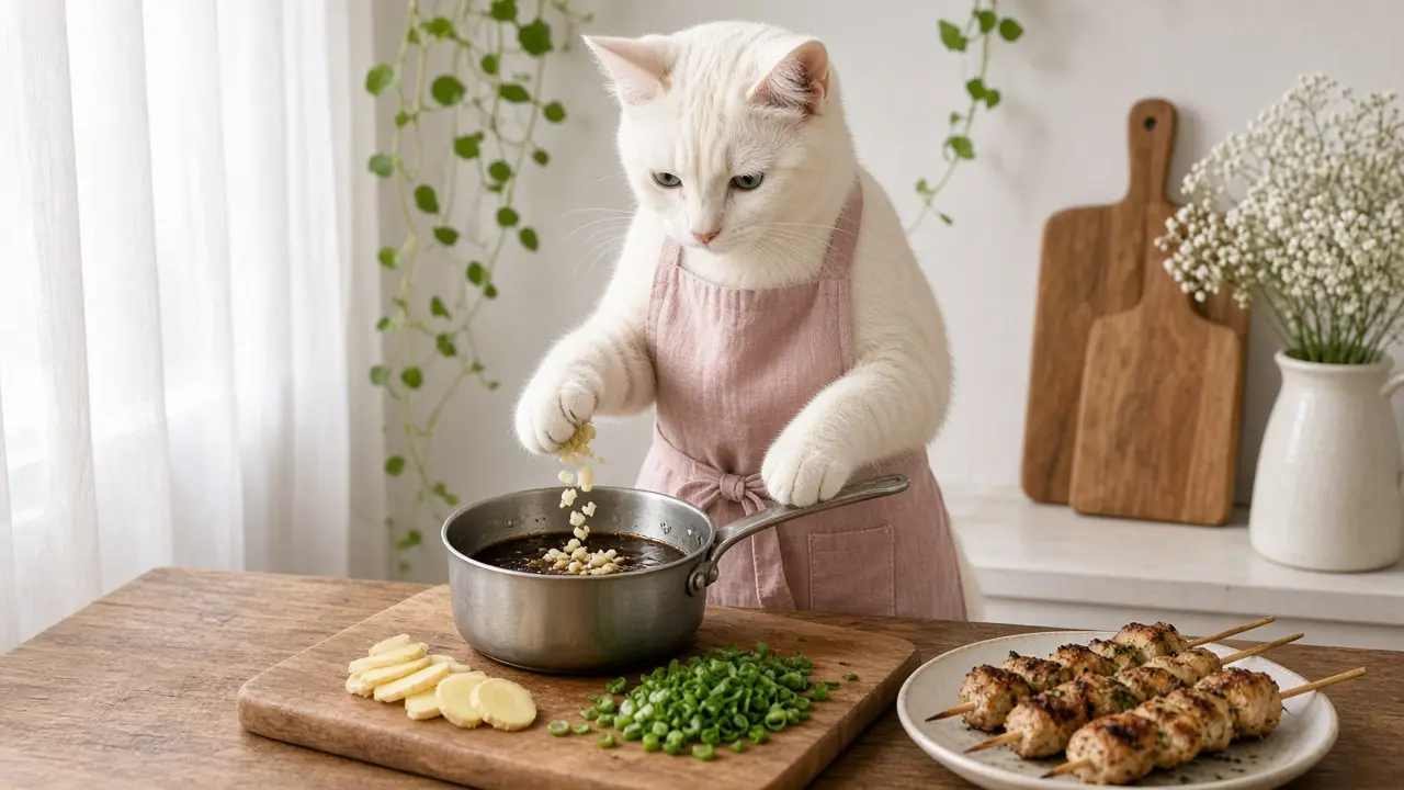 A cream-coloured cat in a pink apron, cooking this dish