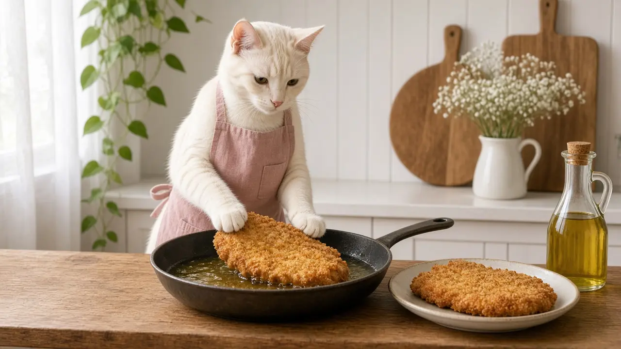 A cream-coloured cat in a pink apron, cooking this dish