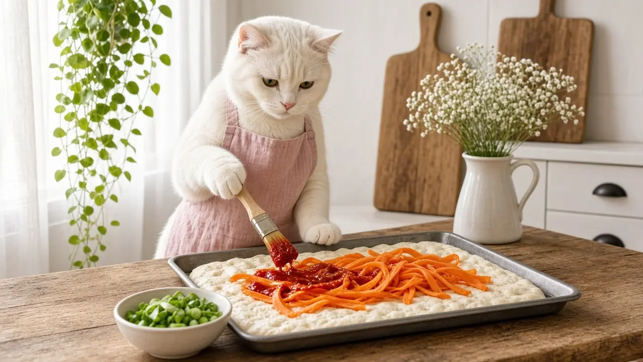 A cream-coloured cat in a pink apron, cooking this dish