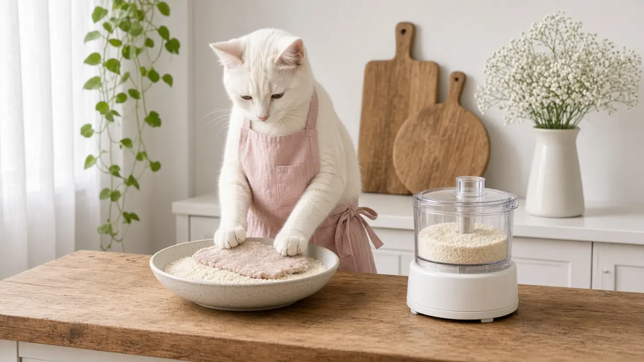 A cream-coloured cat in a pink apron, cooking this dish
