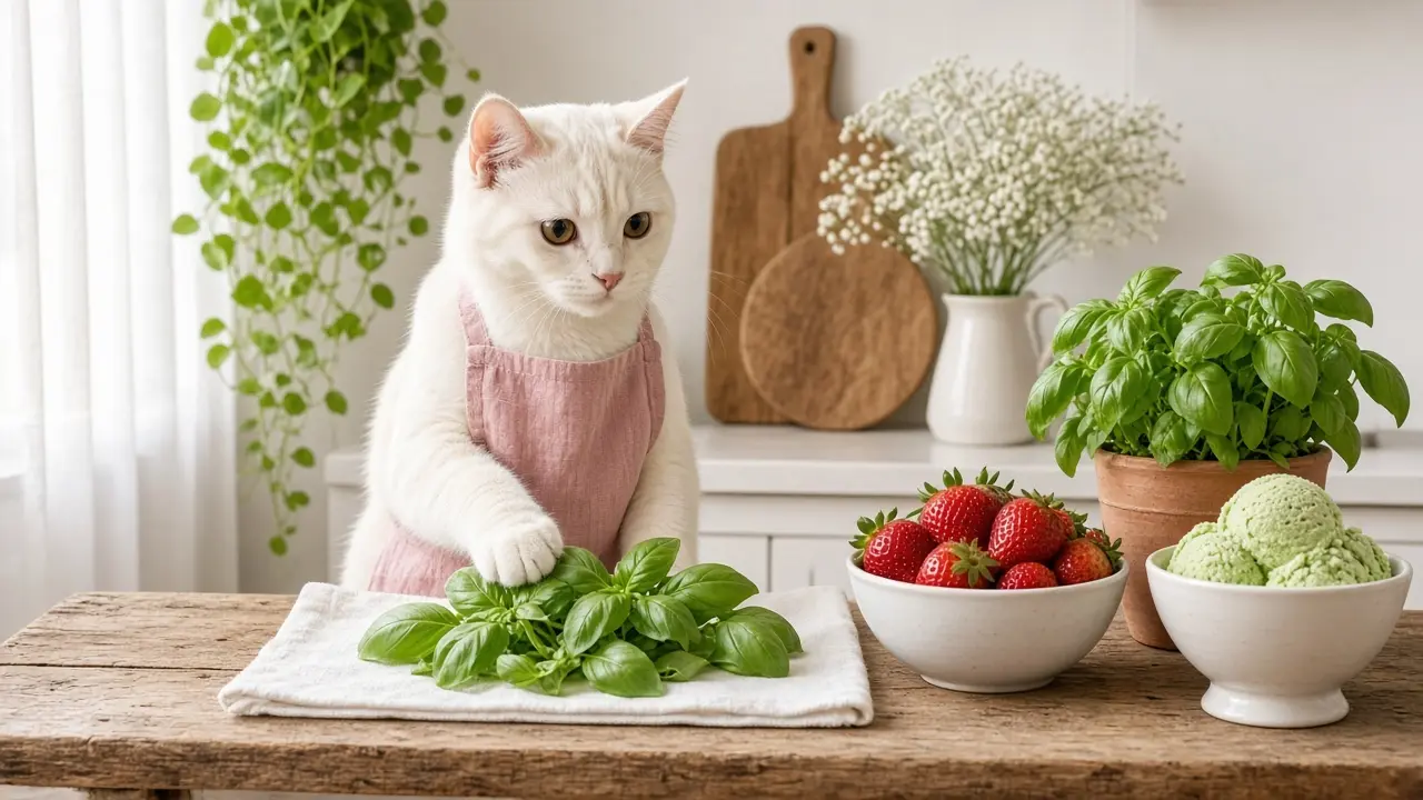 A cream-coloured cat in a pink apron, cooking this dish