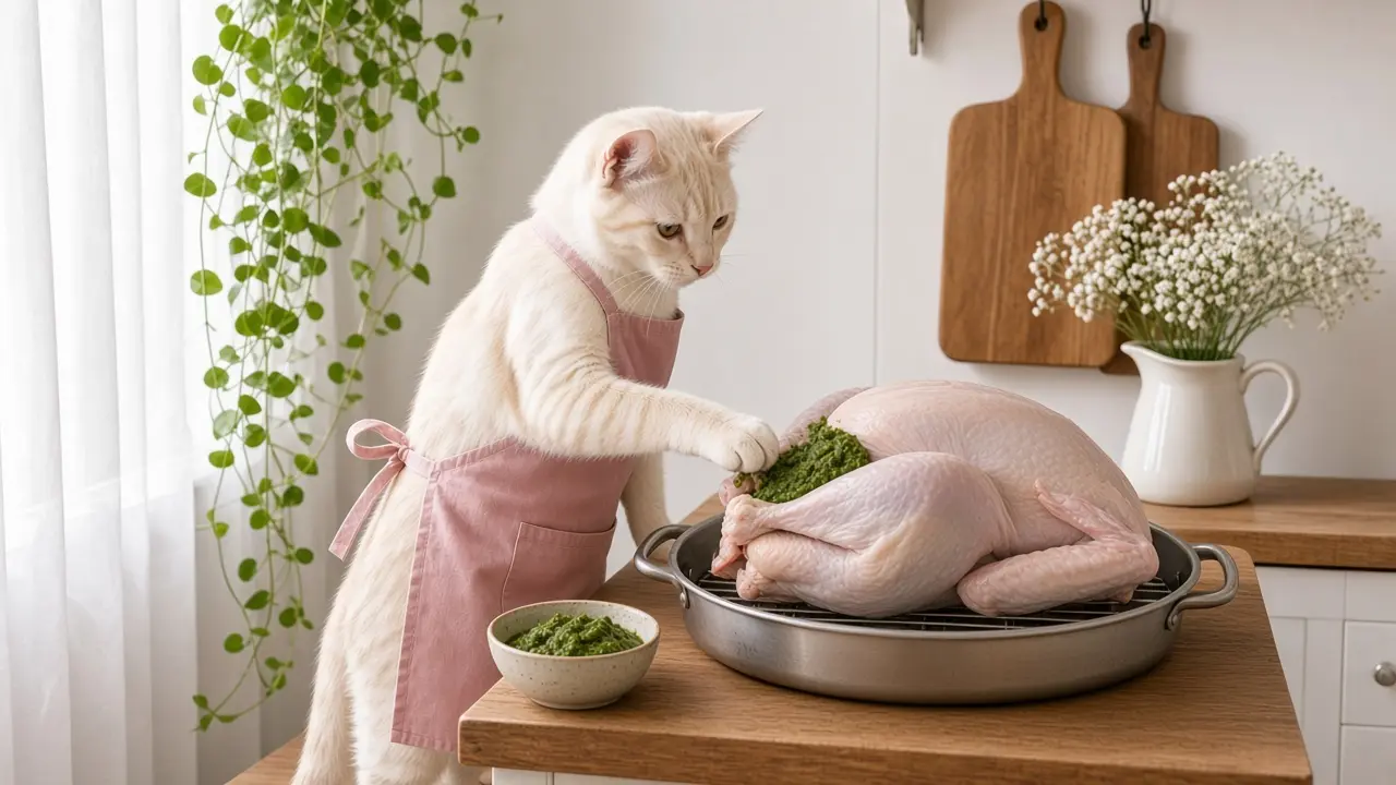A cream-coloured cat in a pink apron, cooking this dish