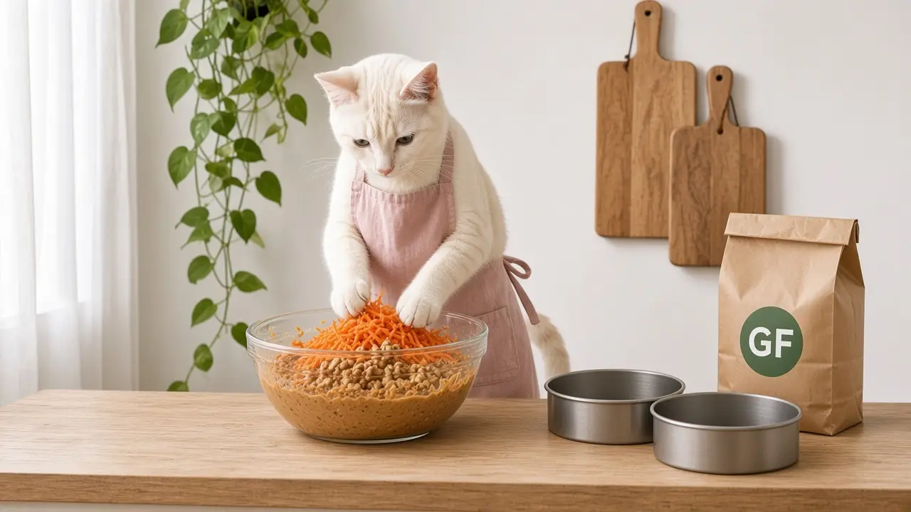 A cream-coloured cat in a pink apron, cooking this dish
