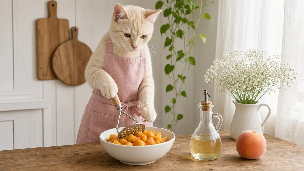 A cream-coloured cat in a pink apron, cooking this dish