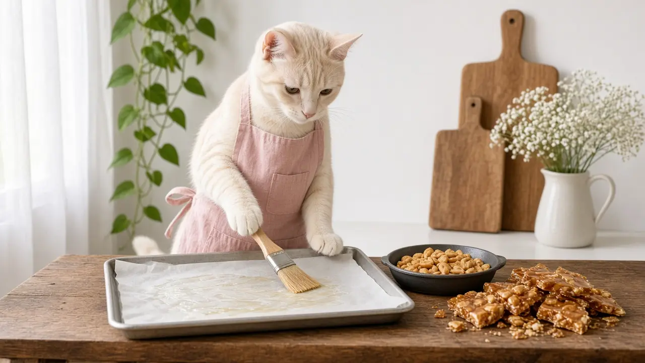 A cream-coloured cat in a pink apron, cooking this dish