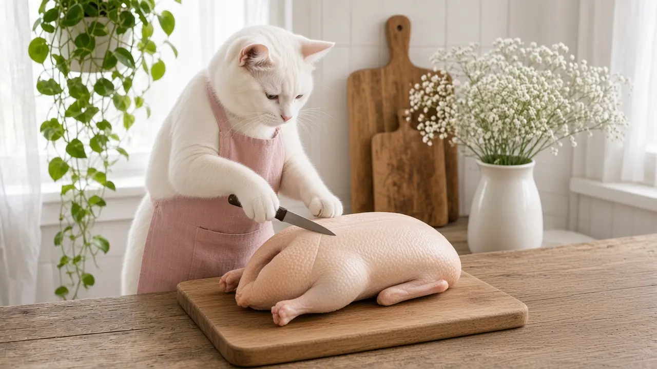 A cream-coloured cat in a pink apron, cooking this dish
