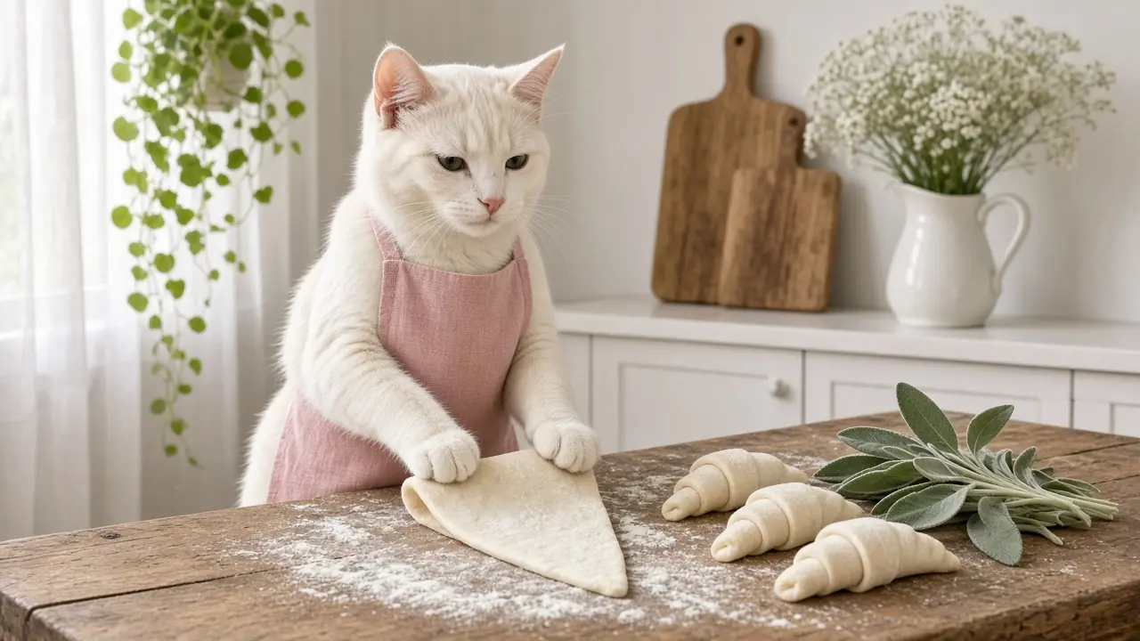 A cream-coloured cat in a pink apron, cooking this dish