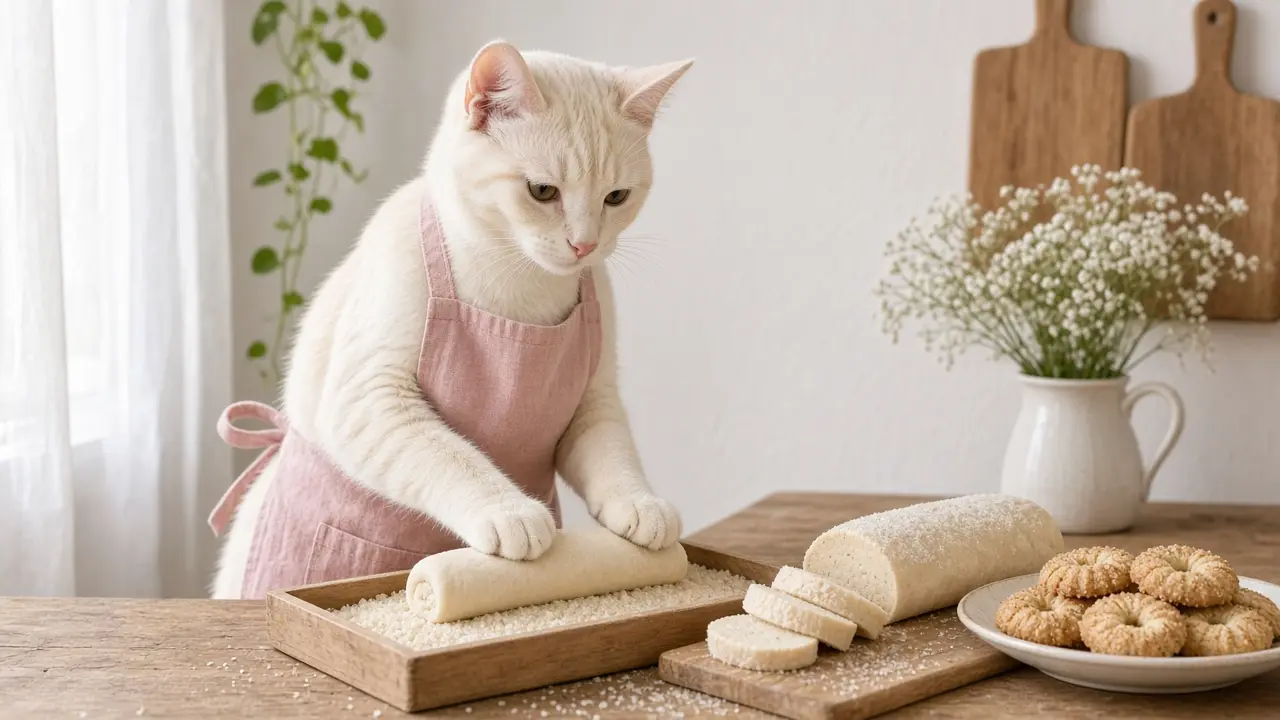 A cream-coloured cat in a pink apron, cooking this dish