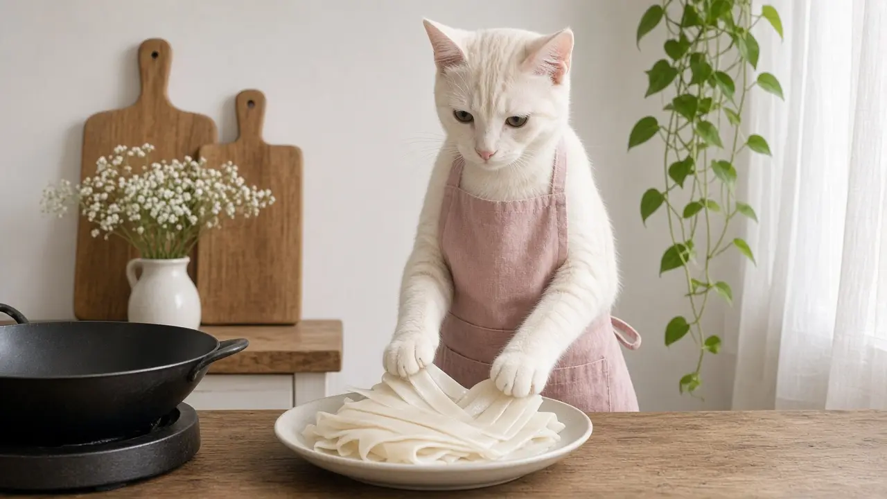 A cream-coloured cat in a pink apron, cooking this dish