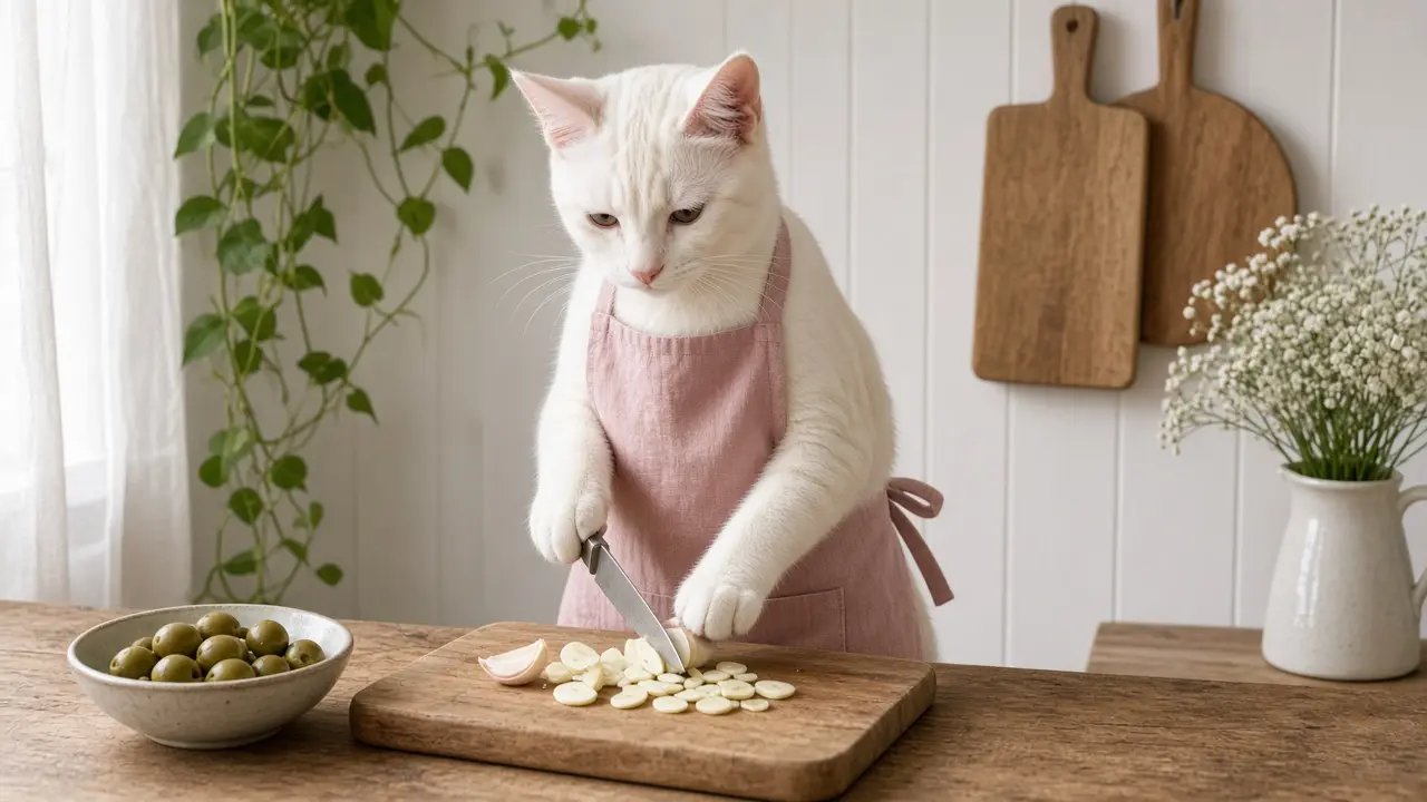 A cream-coloured cat in a pink apron, cooking this dish
