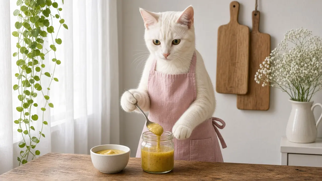 A cream-coloured cat in a pink apron, cooking this dish