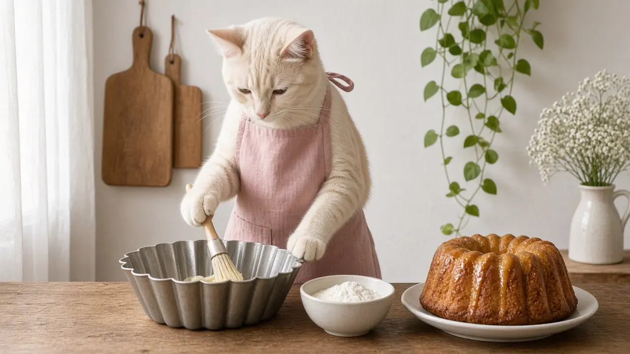 A cream-coloured cat in a pink apron, cooking this dish