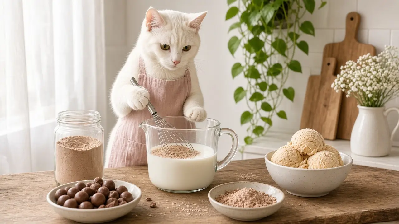 A cream-coloured cat in a pink apron, cooking this dish