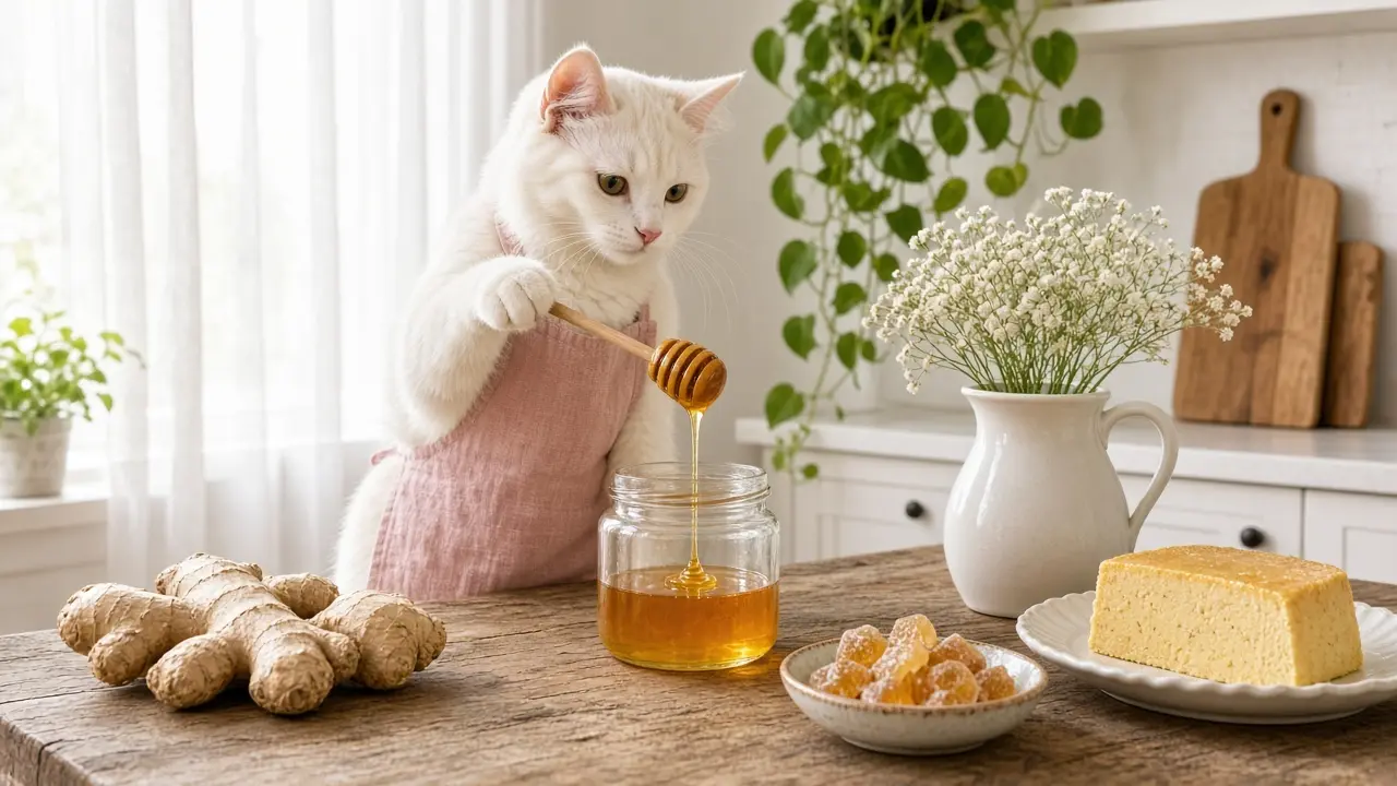 A cream-coloured cat in a pink apron, cooking this dish