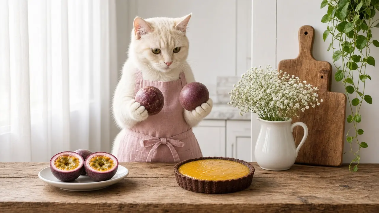 A cream-coloured cat in a pink apron, cooking this dish