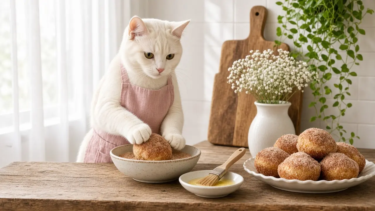 A cream-coloured cat in a pink apron, cooking this dish
