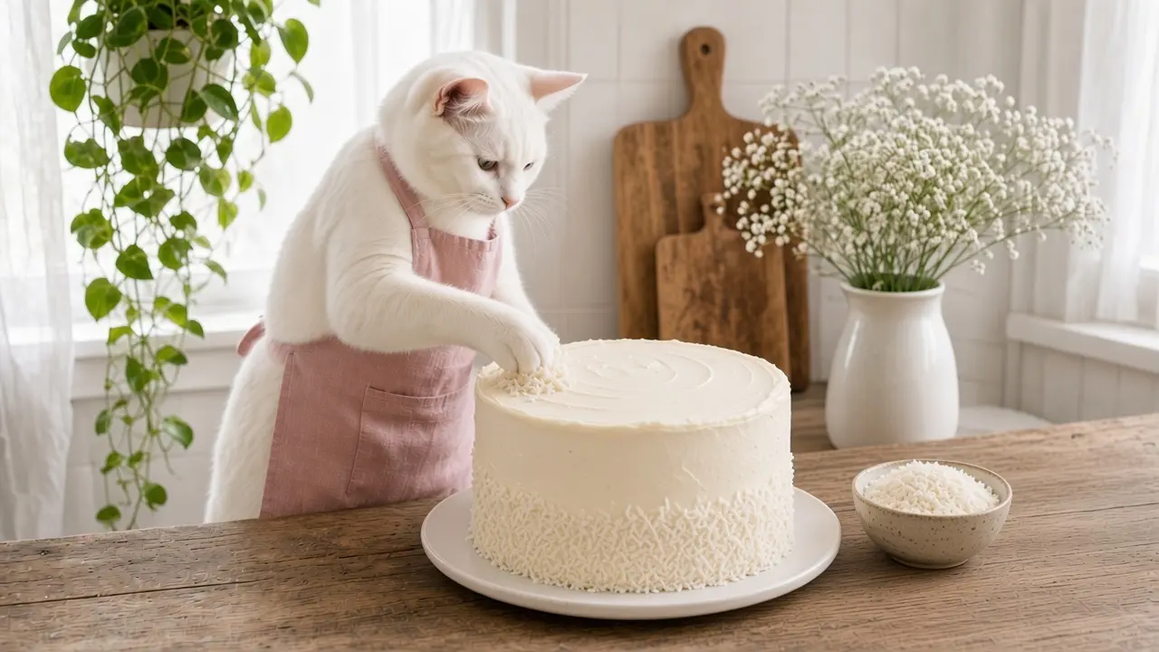 A cream-coloured cat in a pink apron, cooking this dish