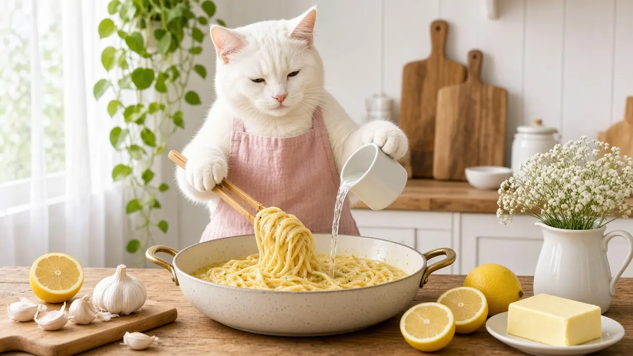 A cream-coloured cat in a pink apron, cooking this dish