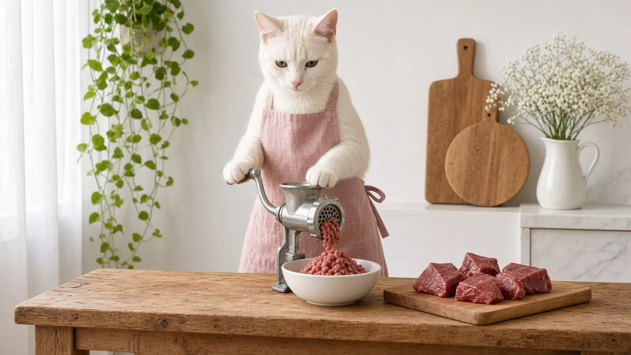 A cream-coloured cat in a pink apron, cooking this dish