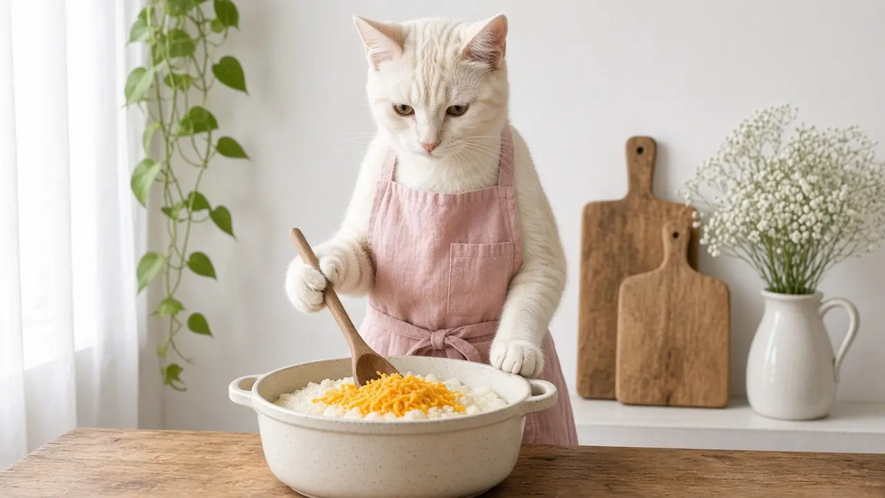 A cream-coloured cat in a pink apron, cooking this dish