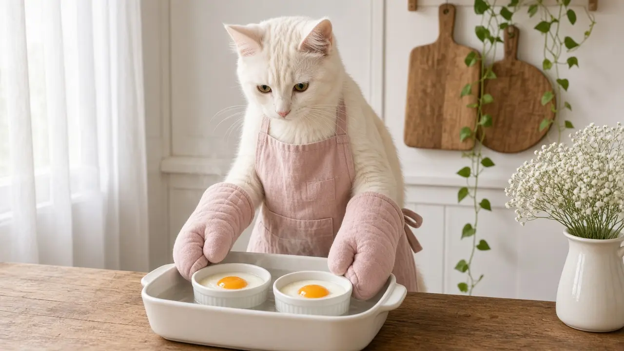 A cream-coloured cat in a pink apron, cooking this dish