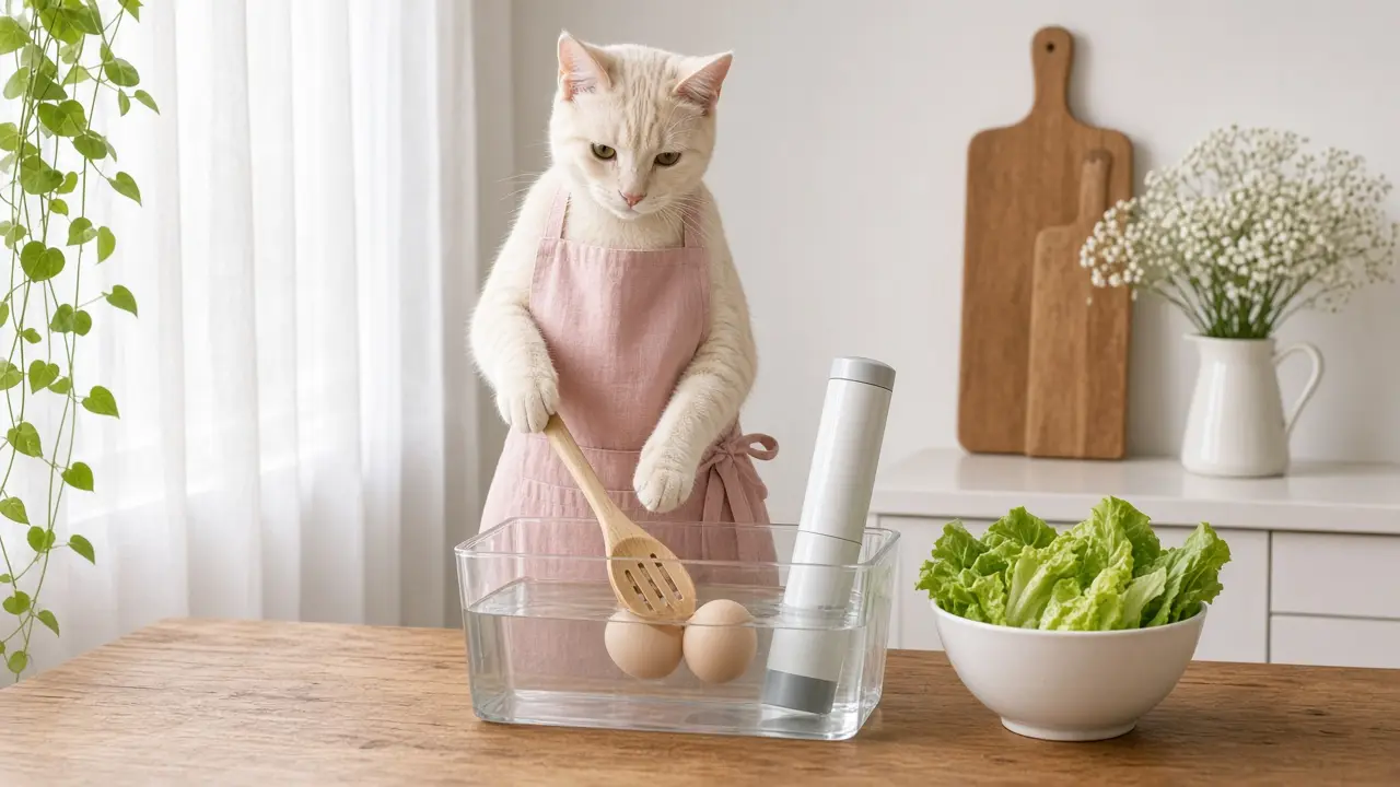 A cream-coloured cat in a pink apron, cooking this dish