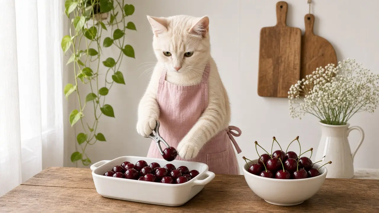 A cream-coloured cat in a pink apron, cooking this dish