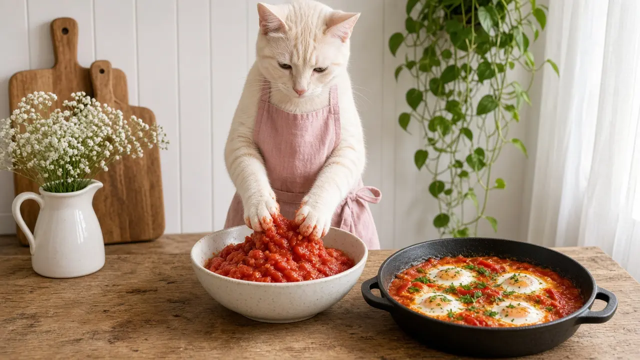 A cream-coloured cat in a pink apron, cooking this dish
