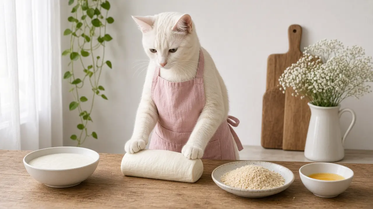 A cream-coloured cat in a pink apron, cooking this dish