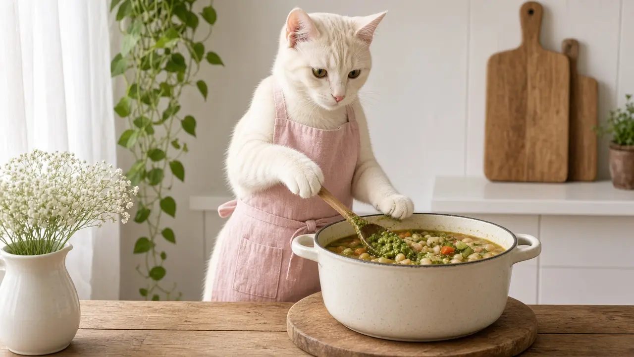 A cream-coloured cat in a pink apron, cooking this dish