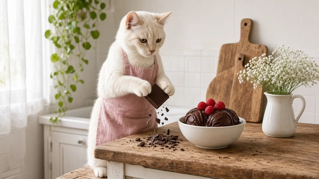 A cream-coloured cat in a pink apron, cooking this dish