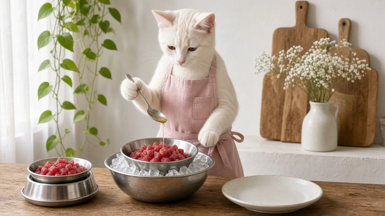 A cream-coloured cat in a pink apron, cooking this dish